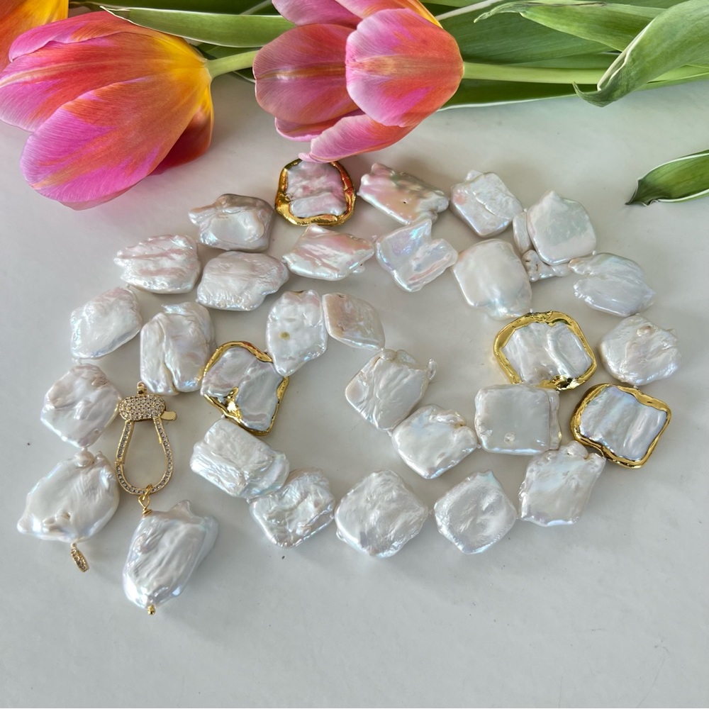 White Rare Kashi Baroque Pearl Gold Pave Cz Necklace